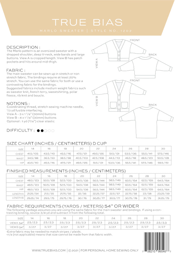 Marlo Sweater Pattern by True Bias Patterns (size 14-30)