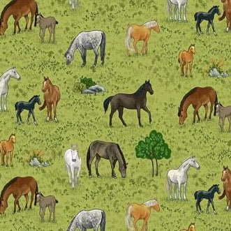 Horses Village Life - Cotton Print
