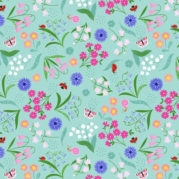 Bell Flowers Aqua - Cotton Print